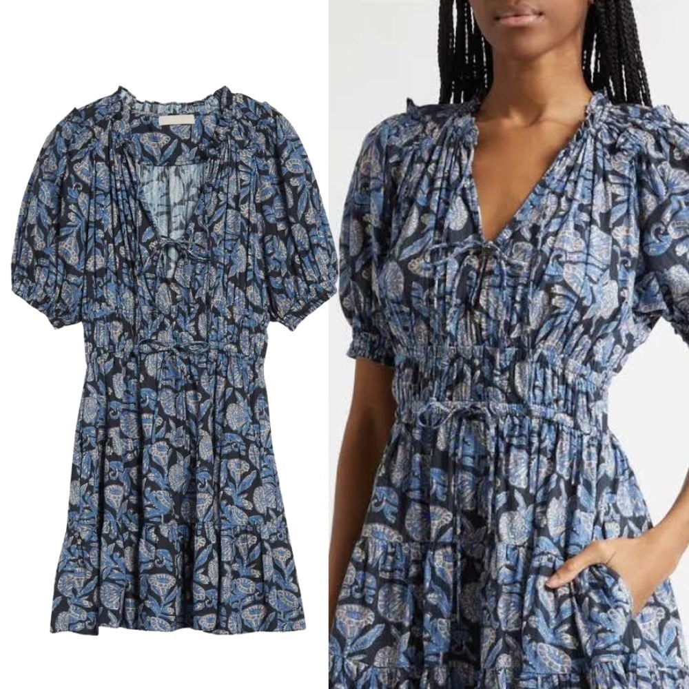 NWT Ulla Johnson Soffia Print Tiered Dress 12 Zinnia Blue Floral Short Sleeve